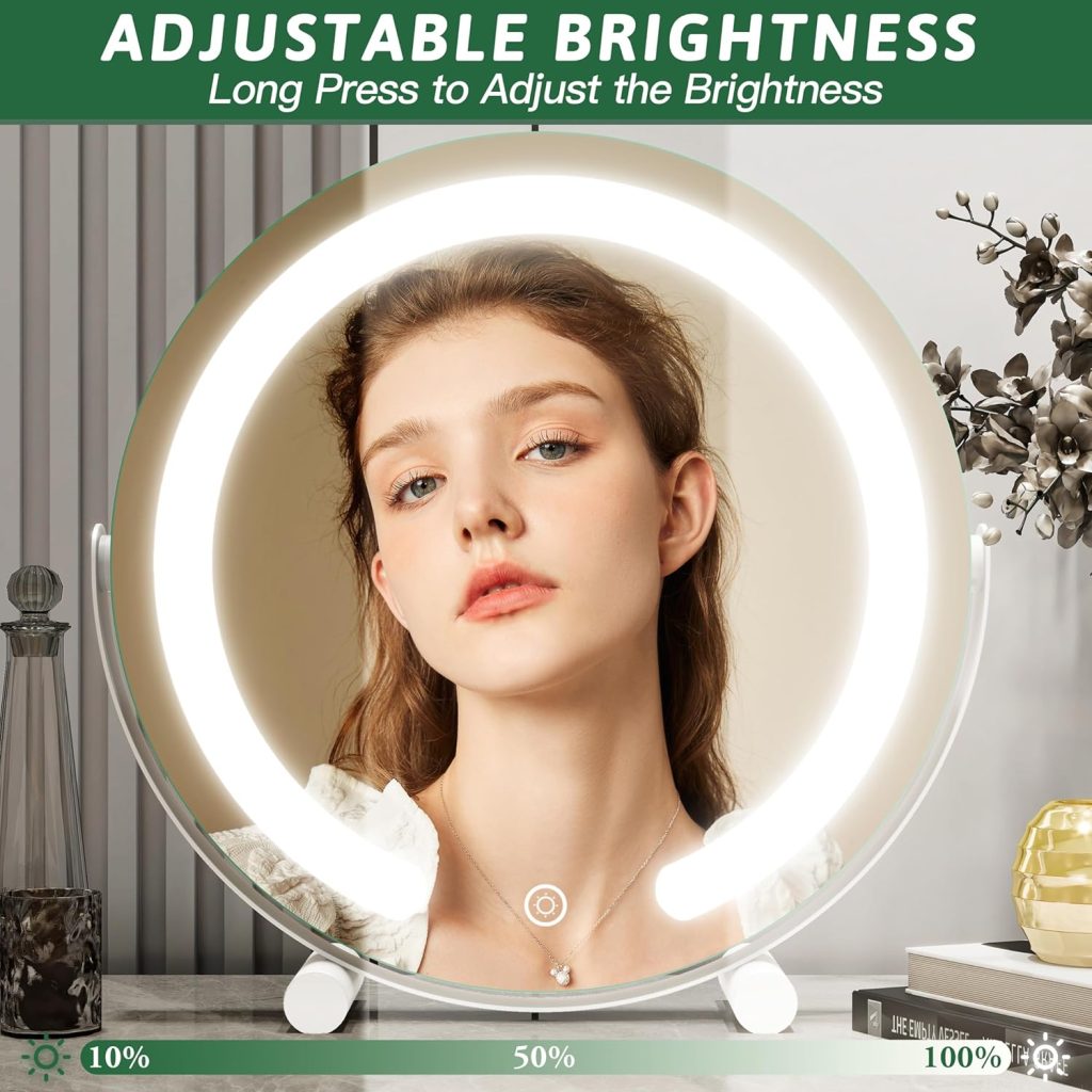 Mirror for Dresser: 12 Inch LED Vanity Mirror with Lights - Smart Touch Control, 3 Color Dimmable, 360° Rotation for Bedroom Tabletop
