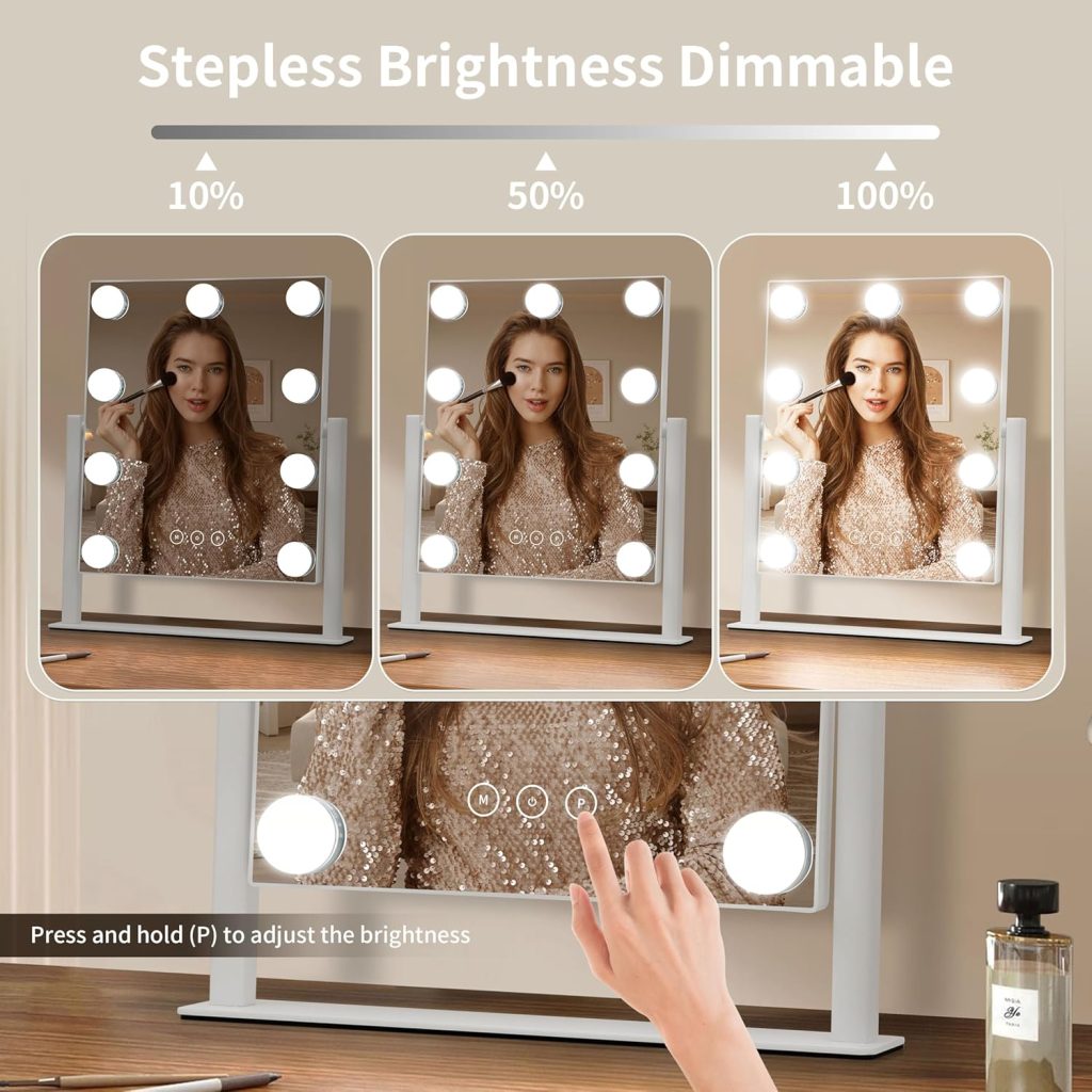 Mirror for Dresser: Vanity Mirror with Lights - 3 Color Lighting Modes, Detachable 10X Magnification, Touch Control, and 360° Rotation in White
