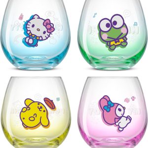 Glassware Sets JoyJolt: Hello Kitty & Friends Above the Clouds Stemless Drinking Glasses, 15oz Ombre Cups Set of 4 featuring Hello Kitty, Keroppi, My Melody & Pompompurin – Kawaii Kitchen Drinkware
