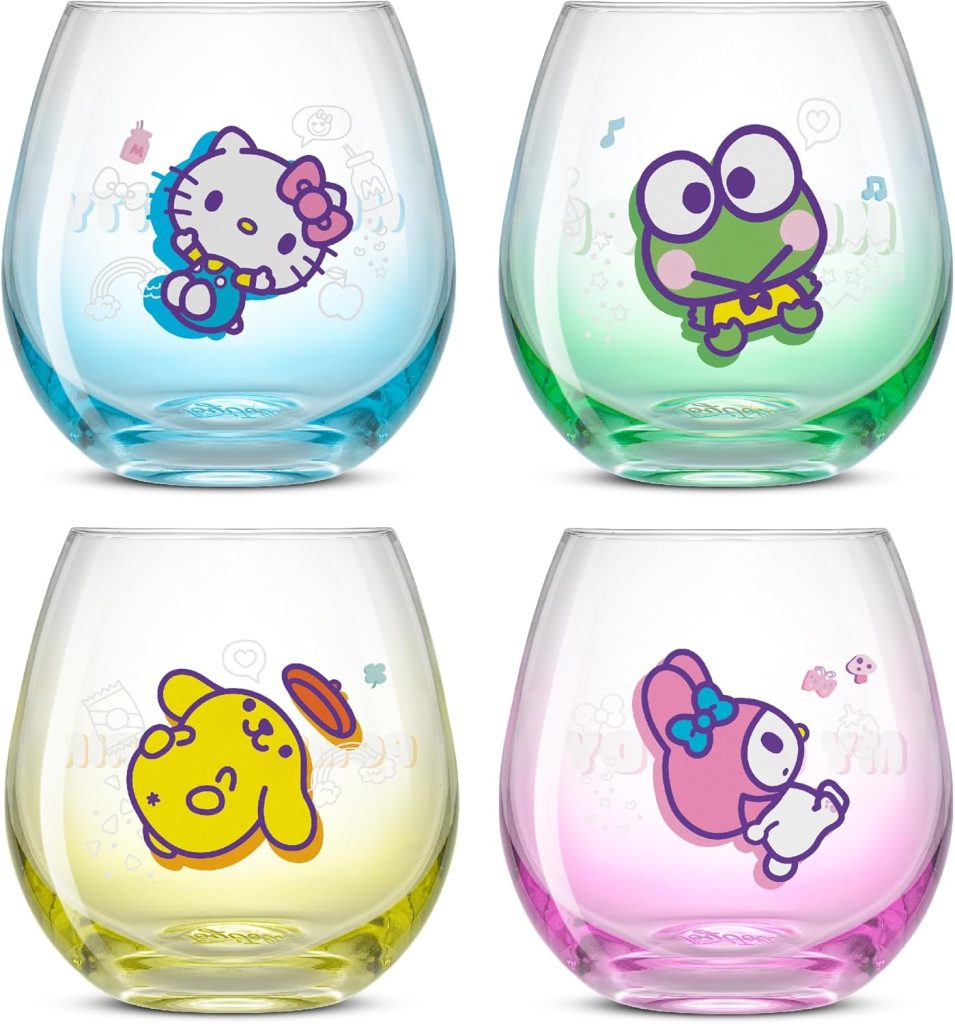Glassware Sets JoyJolt: Hello Kitty & Friends Above the Clouds Stemless Drinking Glasses, 15oz Ombre Cups Set of 4 featuring Hello Kitty, Keroppi, My Melody & Pompompurin – Kawaii Kitchen Drinkware
