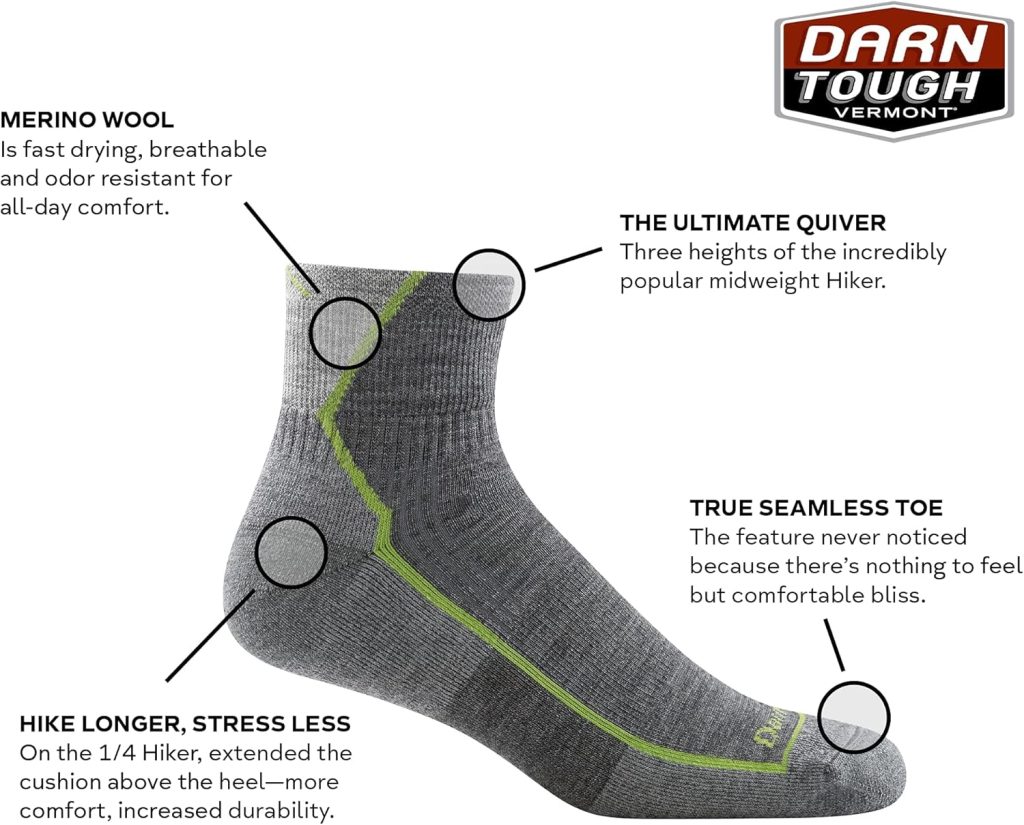 Darn Tough Socks Men’s Hiker Quarter Midweight with Cushion – Style 1959 Durable Hiking Socks for Outdoor Adventures