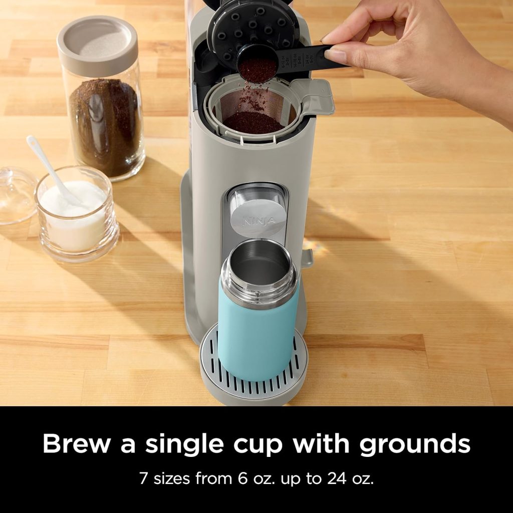 Ninja Coffee Maker – Pods & Grounds Single-Serve Brewer, K-Cup Compatible, Compact Design with 56-oz Reservoir, Brew Sizes from 6-oz Cup to 24-oz Travel Mug, Iced Coffee Maker in Stone (PB041ST)