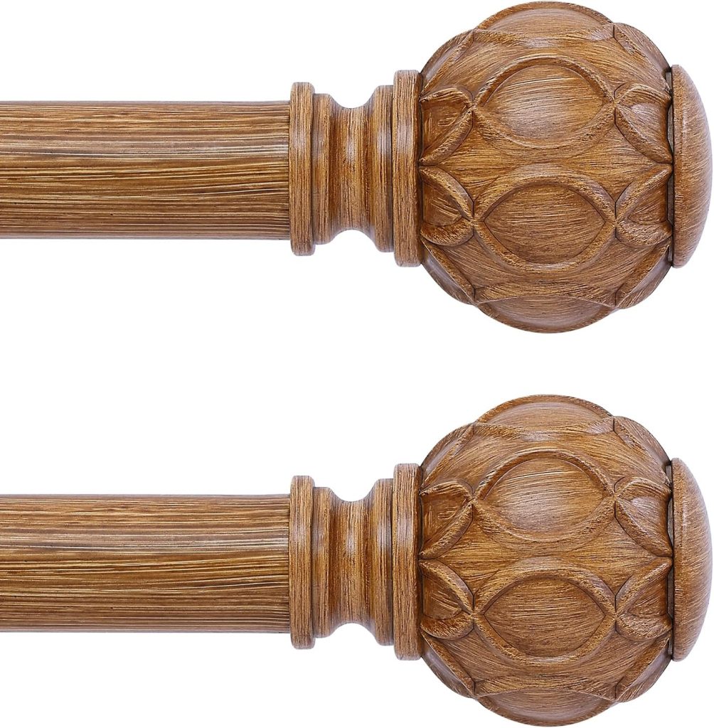 Wooden Curtain Rods - 2 Pack Adjustable Drapery Rods with Netted Texture, Heavy Duty 1 Inch, 28 to 48 Inch, Brown Wood