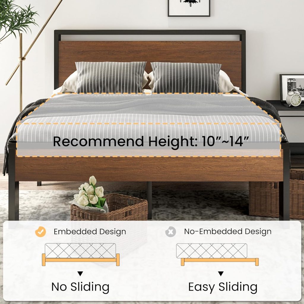 Queen Beds Queen – SHA CERLIN 14-Inch Metal Platform Bed Frame with Wooden Headboard and Footboard, Mattress Foundation, No Box Spring Required, Large Under-Bed Storage, Noise-Free Design in Walnut
