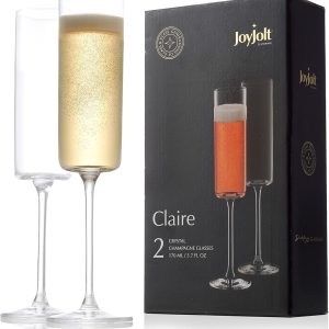 Glassware Sets JoyJolt: Claire Collection Crystal Champagne Flutes – Set of 2, 5.7oz Elegant Glasses for Home Bar & Special Occasions, European-Made Craftsmanship