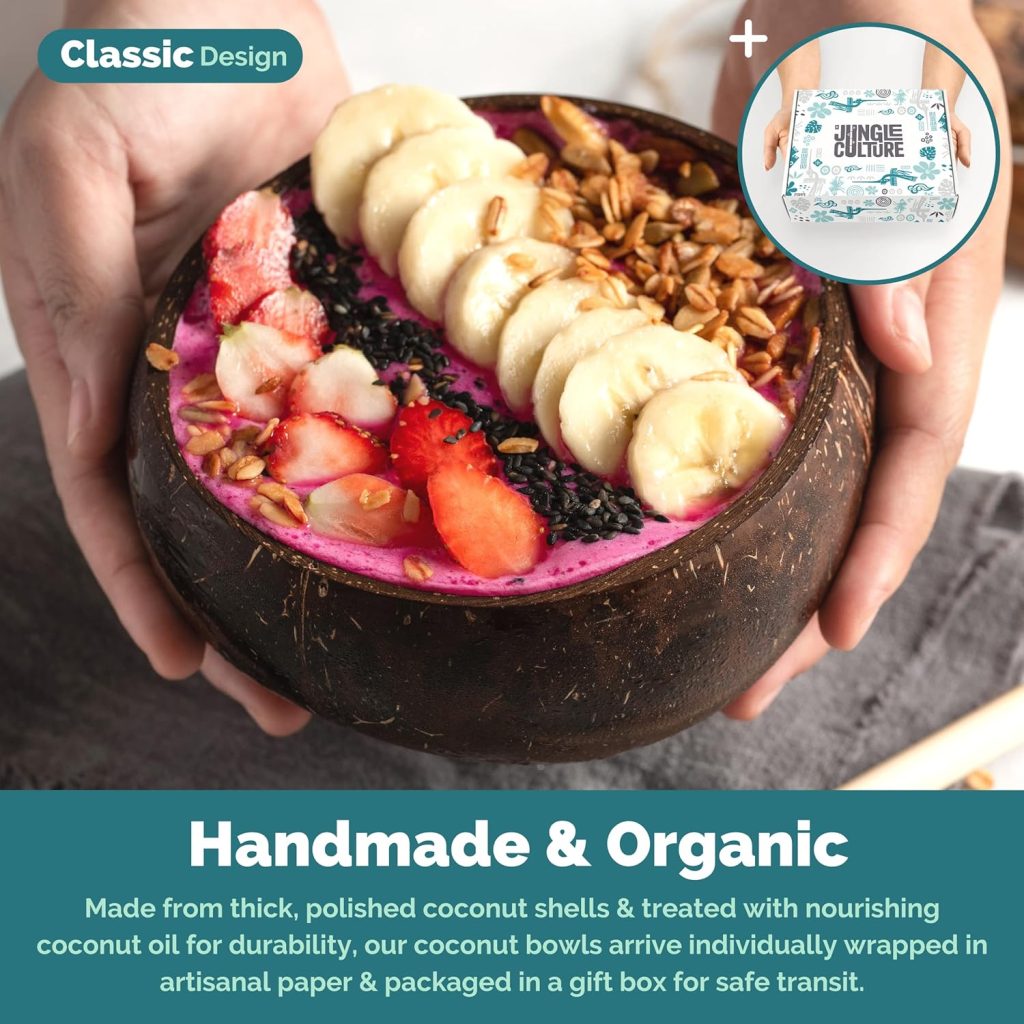 Wooden Bowl - Jungle Culture Set with 4 Polished Coconut Bowls, Wooden Spoons, and Bamboo Straws for Smoothie and Acai Bowls, Eco-Friendly Vegan Gifts