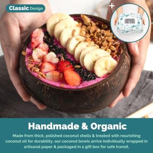 Wooden Bowl – Jungle Culture Set with 4 Polished Coconut Bowls, Wooden Spoons, and Bamboo Straws for Smoothie and Acai Bowls, Eco-Friendly Vegan Gifts