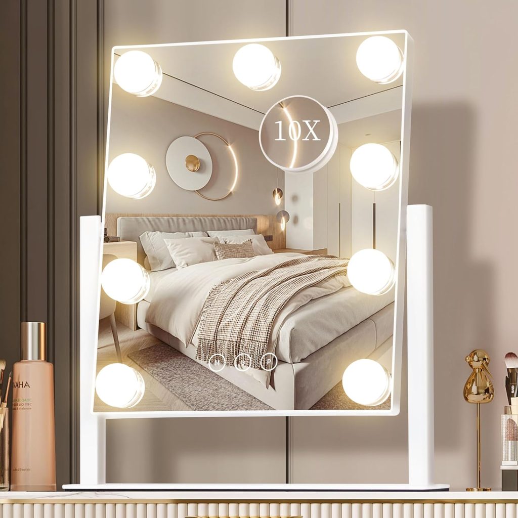 Mirror for Dresser: Vanity Mirror with Lights - 3 Color Lighting Modes, Detachable 10X Magnification, Touch Control, and 360° Rotation in White