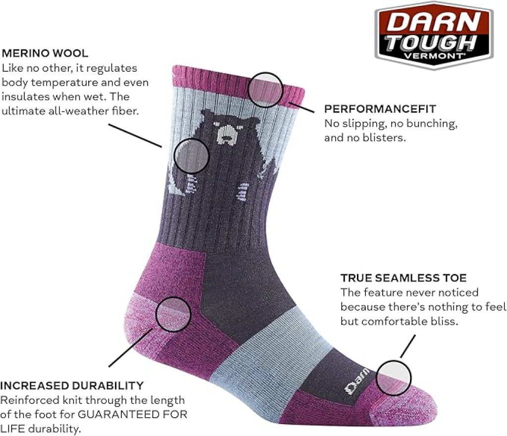 Darn Tough Socks Bear Town Micro Crew Lightweight with Cushion – Women’s Hiking & Everyday Performance Socks