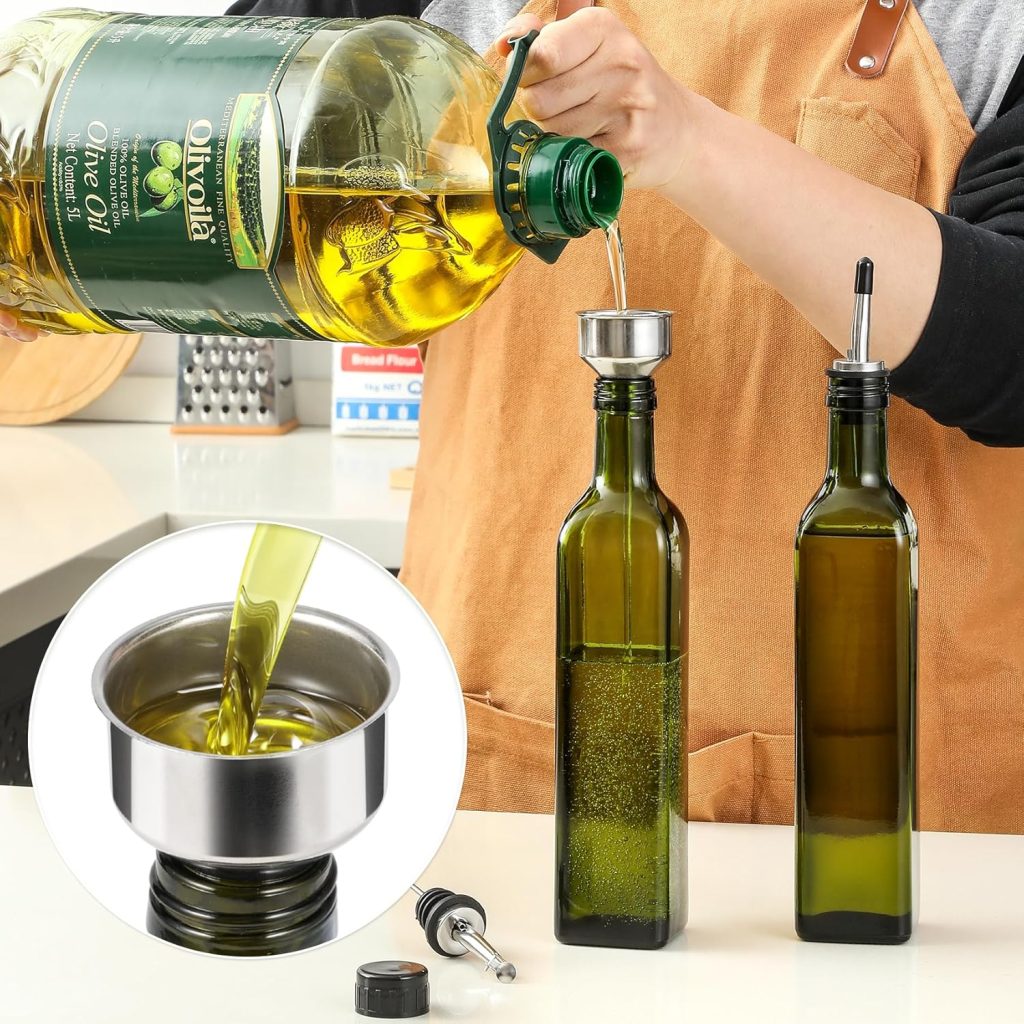 Olive Oil Bottle: AOZITA 17oz Glass Dispenser - 500ml Green Oil and Vinegar Cruet with Pourers and Funnel for Kitchen Use
