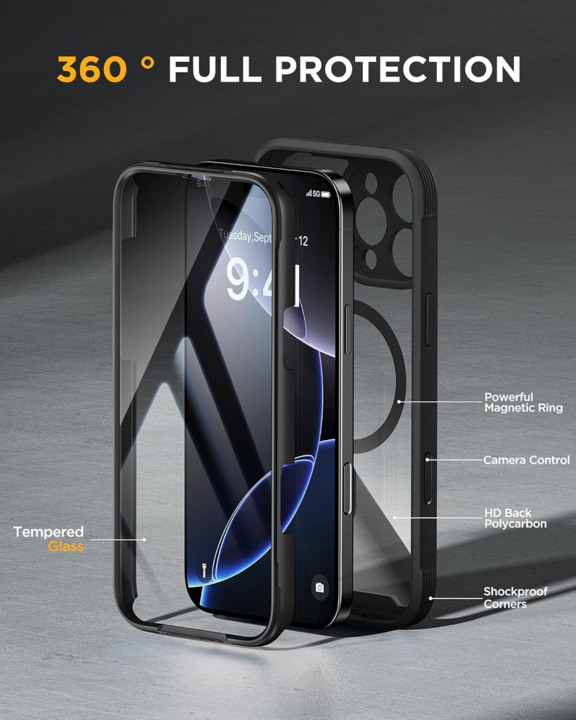 iPhone 16 Pro Max Case Magnetic by Miracase – 6.9" Full-Body Cover with Built-in Glass Screen & Camera Protector, MagSafe Compatible, Drop-Proof Protective Case, Black