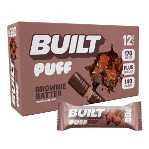 Built Puff Bars: Brownie Batter Protein Puffs – 17g Protein, Only 140 Calories, 6g Sugar, Collagen, Gluten-Free Snack Bars, 12 Count for On-the-Go Energy