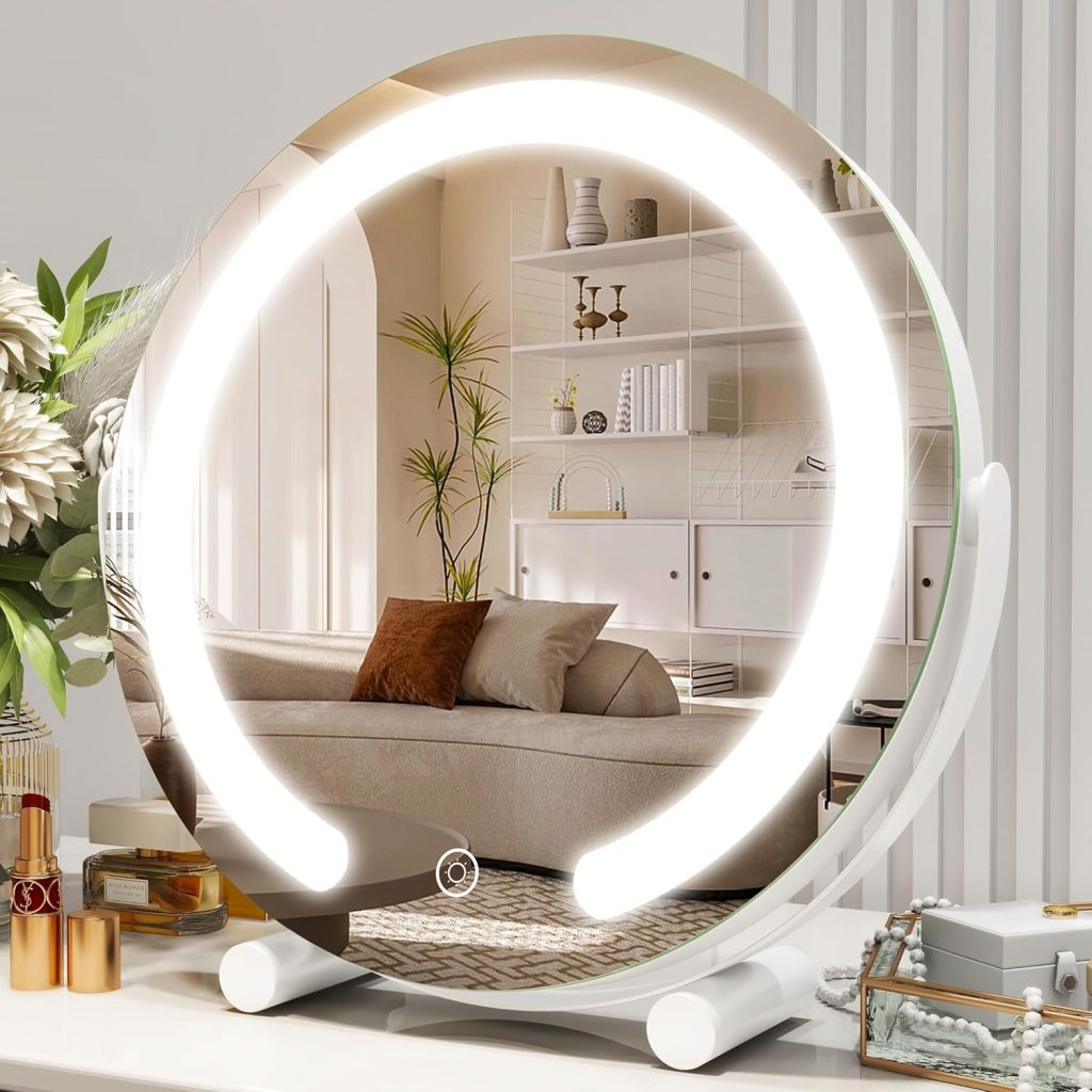 Mirror for Dresser: 12 Inch LED Vanity Mirror with Lights - Smart Touch Control, 3 Color Dimmable, 360° Rotation for Bedroom Tabletop