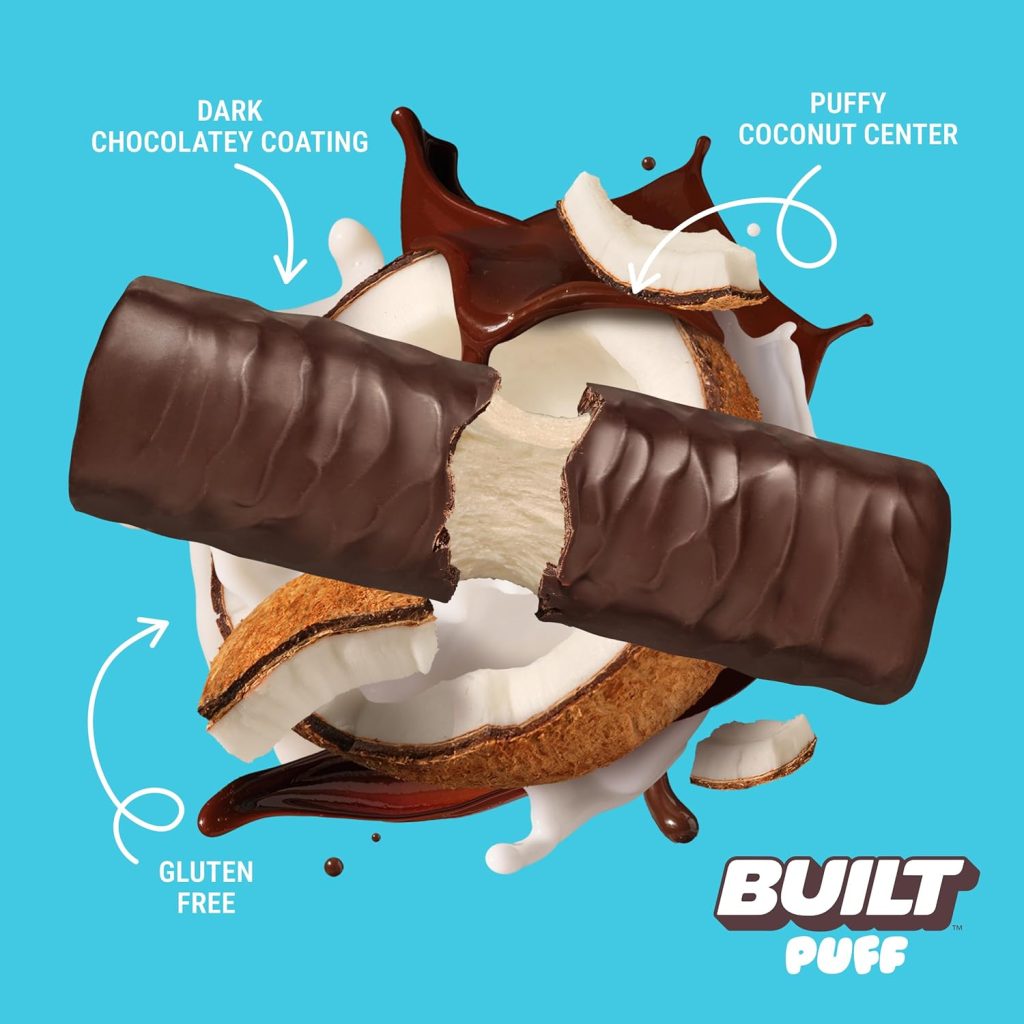 Built Puff Bars: Coconut Protein Puffs – 17g Protein, Only 140 Calories, 6g Sugar, Collagen, Gluten-Free Snack Bars, 12 Count for On-the-Go Energy
