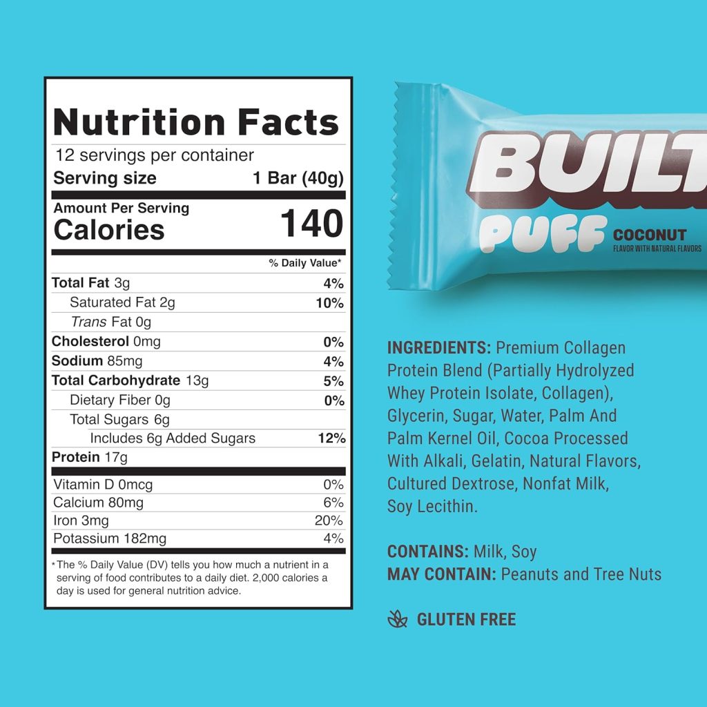 Built Puff Bars: Coconut Protein Puffs – 17g Protein, Only 140 Calories, 6g Sugar, Collagen, Gluten-Free Snack Bars, 12 Count for On-the-Go Energy