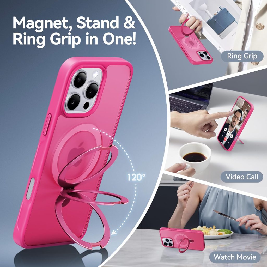 iPhone 16 Pro Max Case with Magnetic Invisible Stand – CASEKOO Slim Shockproof Military-Grade Protection, MagSafe Compatible Translucent Matte Cover, Hot Pink, 6.7 Inch