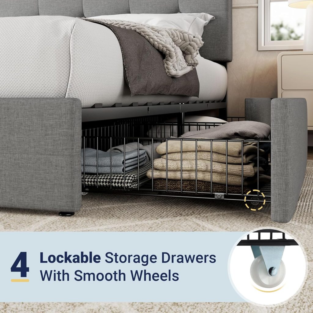 Queen Beds Queen – Allewie Upholstered Queen Size Platform Bed Frame with 4 Storage Drawers, Square Stitched Button Tufted Headboard, and Wooden Slats Support, No Box Spring Needed, in Light Grey