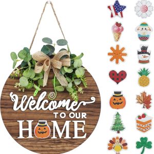 Shop Holiday Wreath – Interchangeable Seasonal Welcome Sign for Front Door, Rustic Round Wood Wreaths, Farmhouse Porch Decor for Spring, Summer, Fall, Halloween, Christmas, and All Seasons