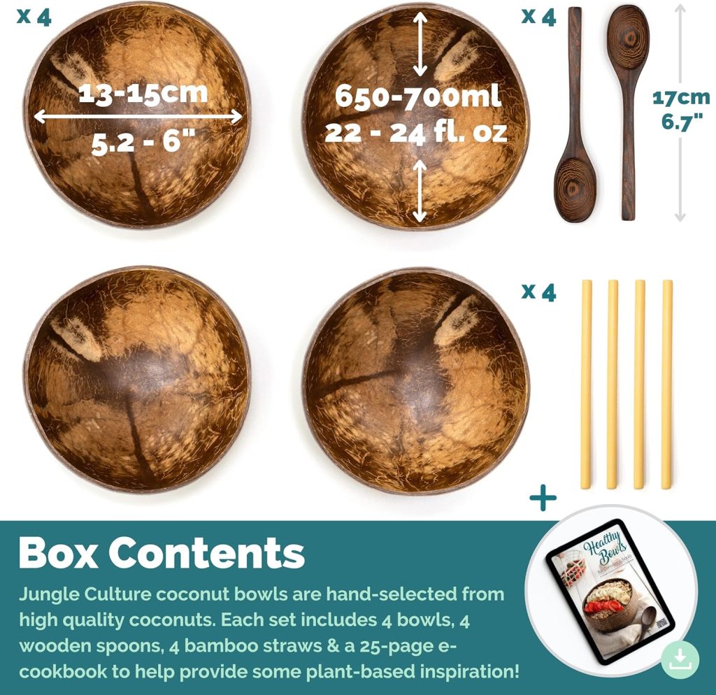 Wooden Bowl - Jungle Culture Set with 4 Polished Coconut Bowls, Wooden Spoons, and Bamboo Straws for Smoothie and Acai Bowls, Eco-Friendly Vegan Gifts