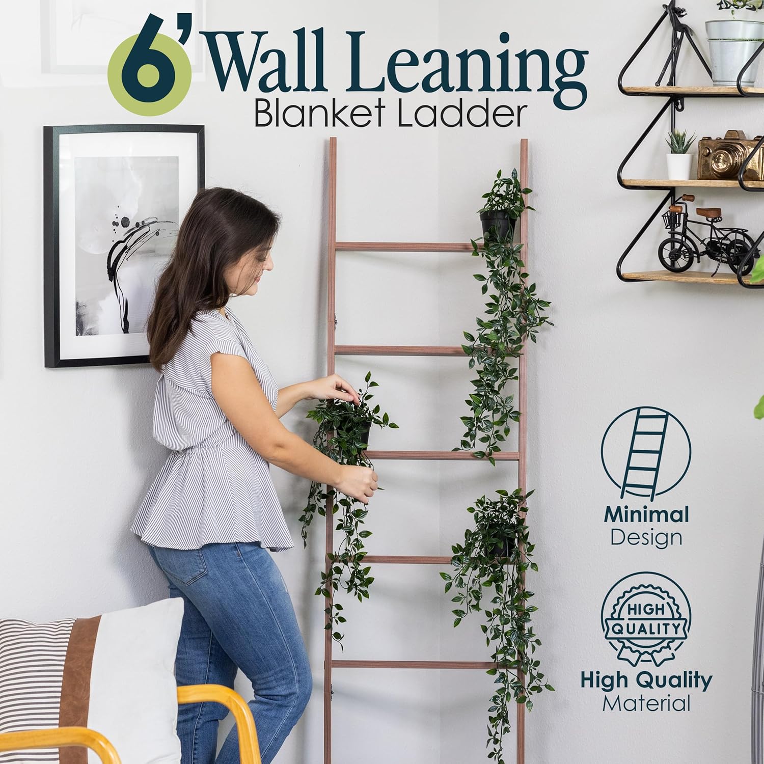 Quilt Rack: 5ft 8in Rustic Blanket Ladder for Living Room & Bedroom - 6-Tier Wall Leaning Storage with Snag-Free Construction