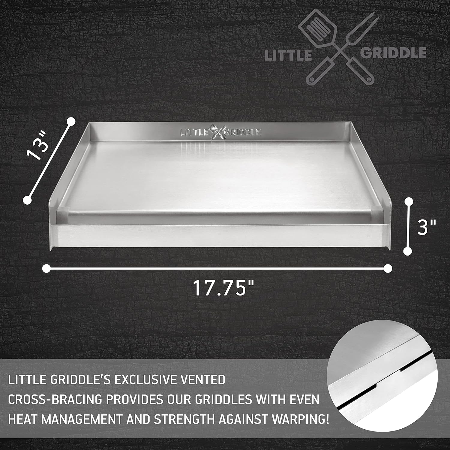 Stainless Steel Griddle: LITTLE GRIDDLE Sizzle-Q SQ180 - 100% Universal Griddle with Even Heating Cross Bracing for Charcoal and Gas Grills, Ideal for Camping and Tailgating (18"x13"x3")