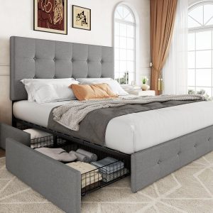 Queen Beds Queen – Allewie Upholstered Queen Size Platform Bed Frame with 4 Storage Drawers, Square Stitched Button Tufted Headboard, and Wooden Slats Support, No Box Spring Needed, in Light Grey
