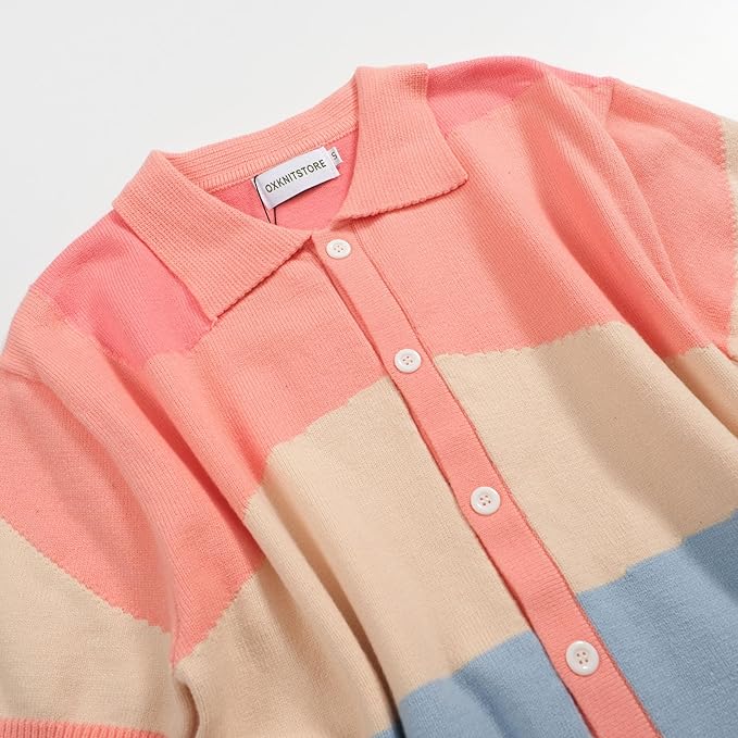 OX Shirts: OXKNIT Men's Short Sleeve Vintage Polo with Casual Multi-Colored Knitted Geometric Patterns