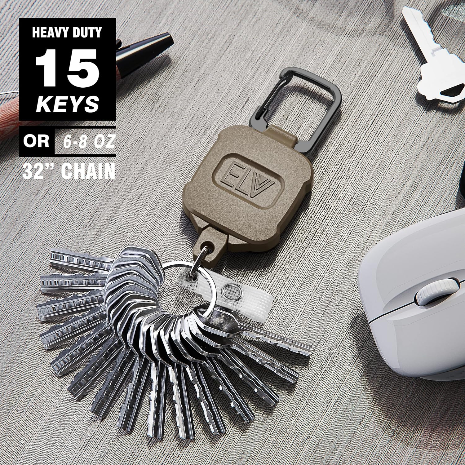 Retractable Lanyard: 2 Pack ELV Heavy Duty Self-Retracting ID Badge Holder Key Reel - 32 Inch Cord with Carabiner for Up to 15 Keys and Tools (Tan)