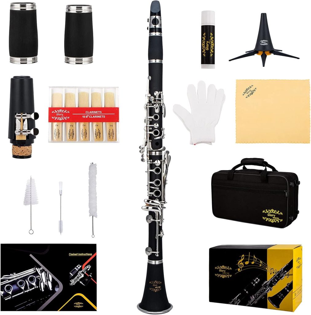 Glory GLY‑PBK Professional Ebonite Bb Clarinet with Complete Accessory Kit (10 Reeds, Hard Case, Stand, Cleaning Supplies)
