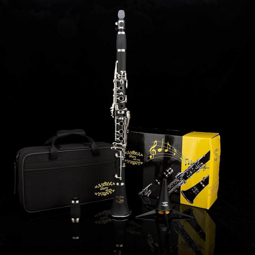 Glory GLY‑PBK Professional Ebonite Bb Clarinet with Complete Accessory Kit (10 Reeds, Hard Case, Stand, Cleaning Supplies)
