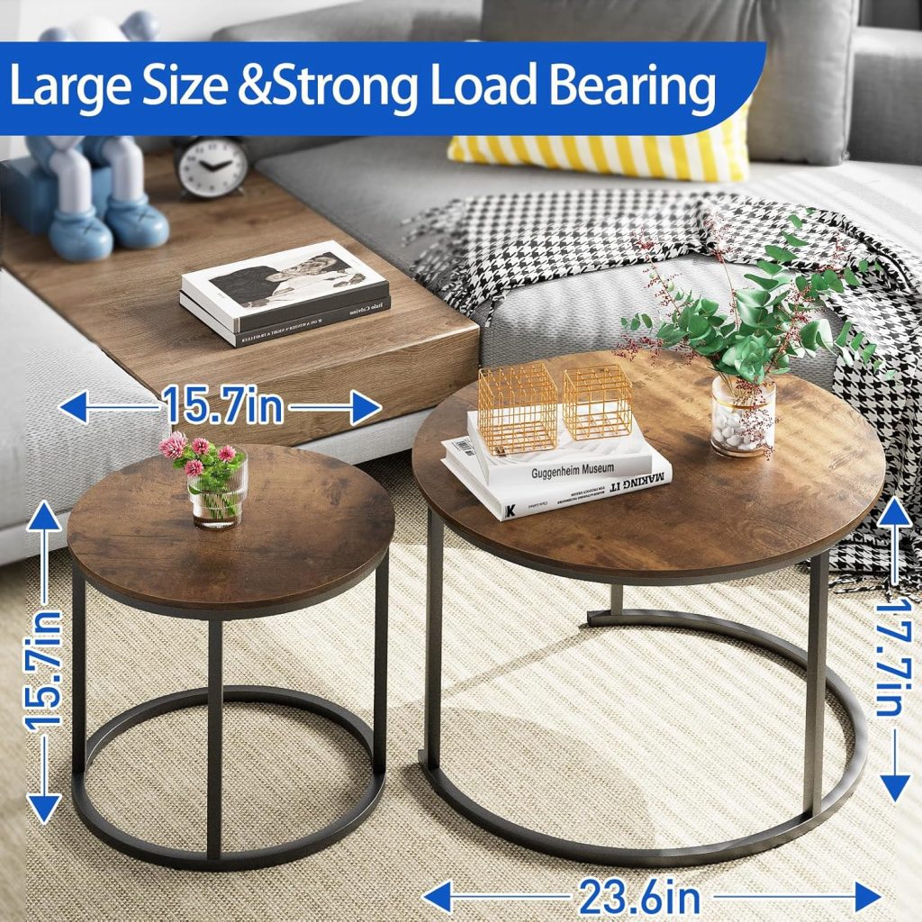 Tables and Coffee Table Set by Aboxoo – Modern Industrial Round Nesting Tables with Sturdy Metal Frame, Perfect for Living Room, Bedroom, or Apartment, Rustic Brown Nightstand Design