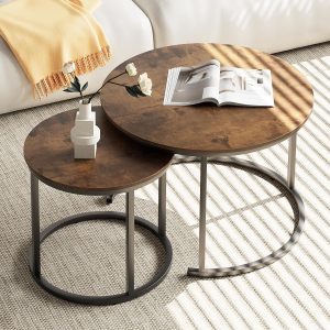 Tables and Coffee Table Set by Aboxoo – Modern Industrial Round Nesting Tables with Sturdy Metal Frame, Perfect for Living Room, Bedroom, or Apartment, Rustic Brown Nightstand Design