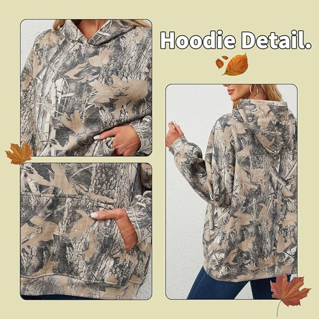 Camo Hoodie for Women: Maple Leaf Print Oversized Fleece Pullover Sweatshirt with Pocket