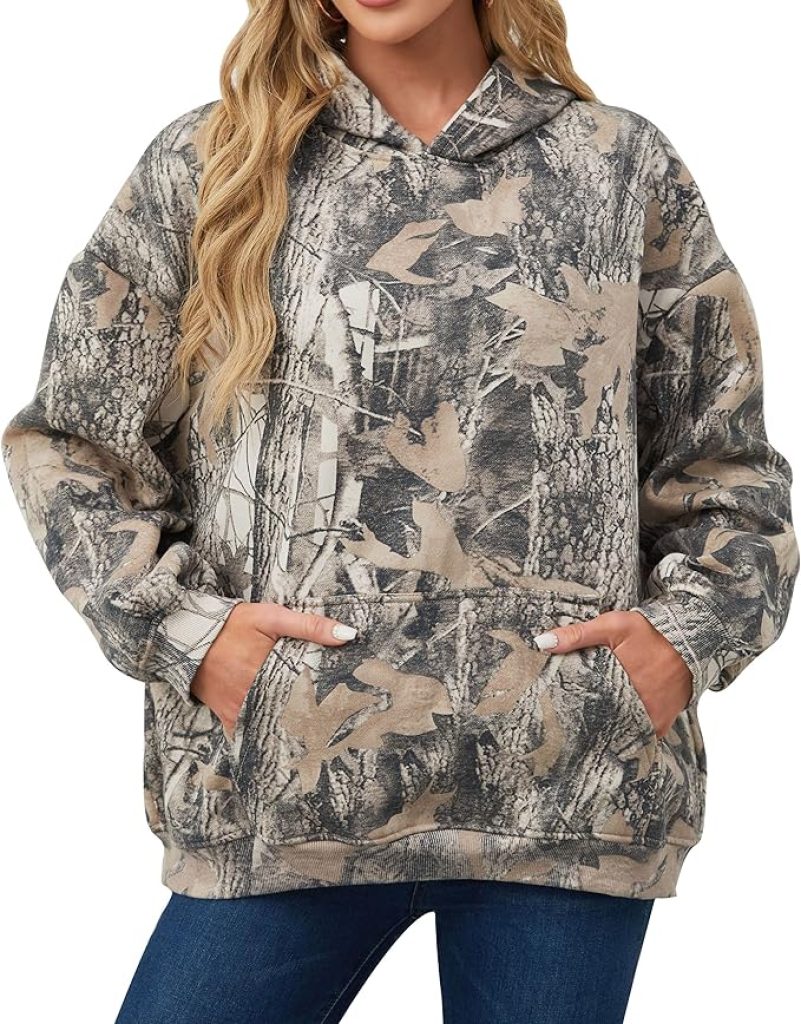Camo Hoodie for Women: Maple Leaf Print Oversized Fleece Pullover Sweatshirt with Pocket