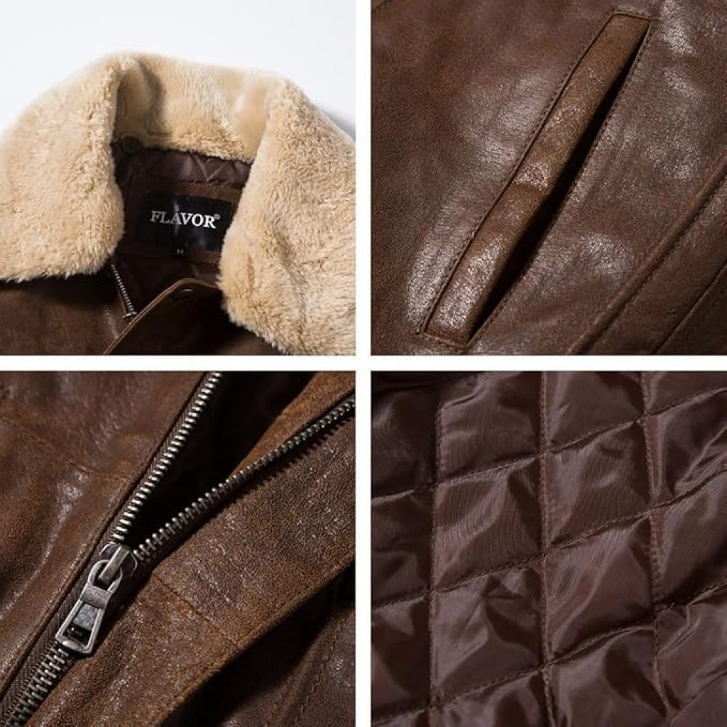 Brown Leather Bomber Jacket: FLAVOR Men's Real Leather Aviator with Removable Fur Collar