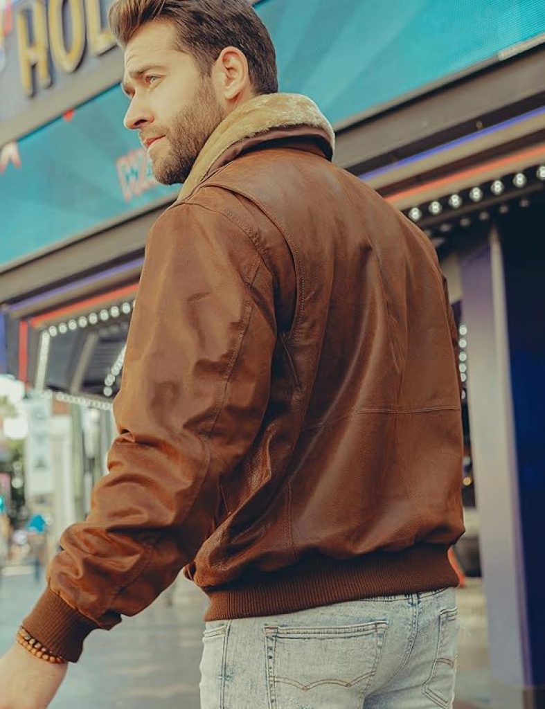 Brown Leather Bomber Jacket: FLAVOR Men's Real Leather Aviator with Removable Fur Collar