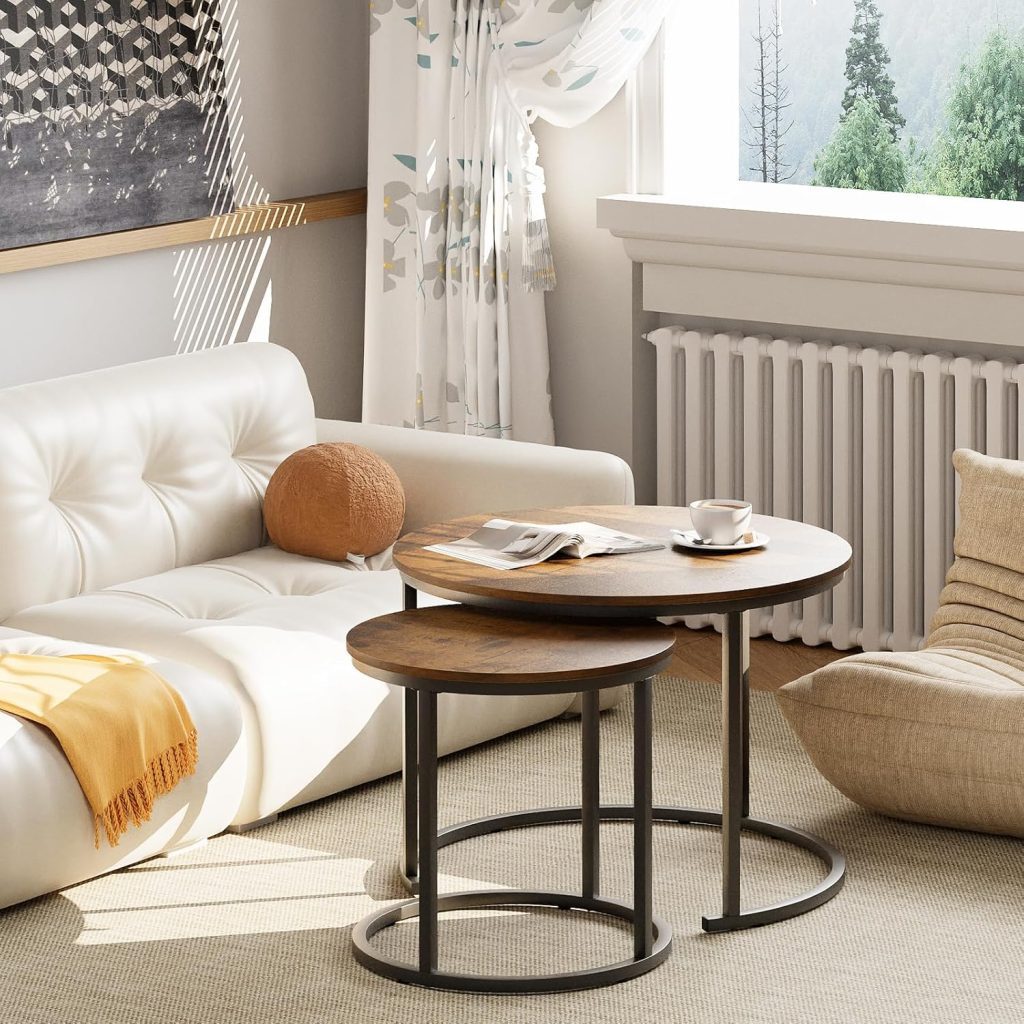 Tables and Coffee Table Set by Aboxoo – Modern Industrial Round Nesting Tables with Sturdy Metal Frame, Perfect for Living Room, Bedroom, or Apartment, Rustic Brown Nightstand Design