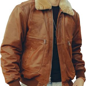 Brown Leather Bomber Jacket: FLAVOR Men’s Real Leather Aviator with Removable Fur Collar