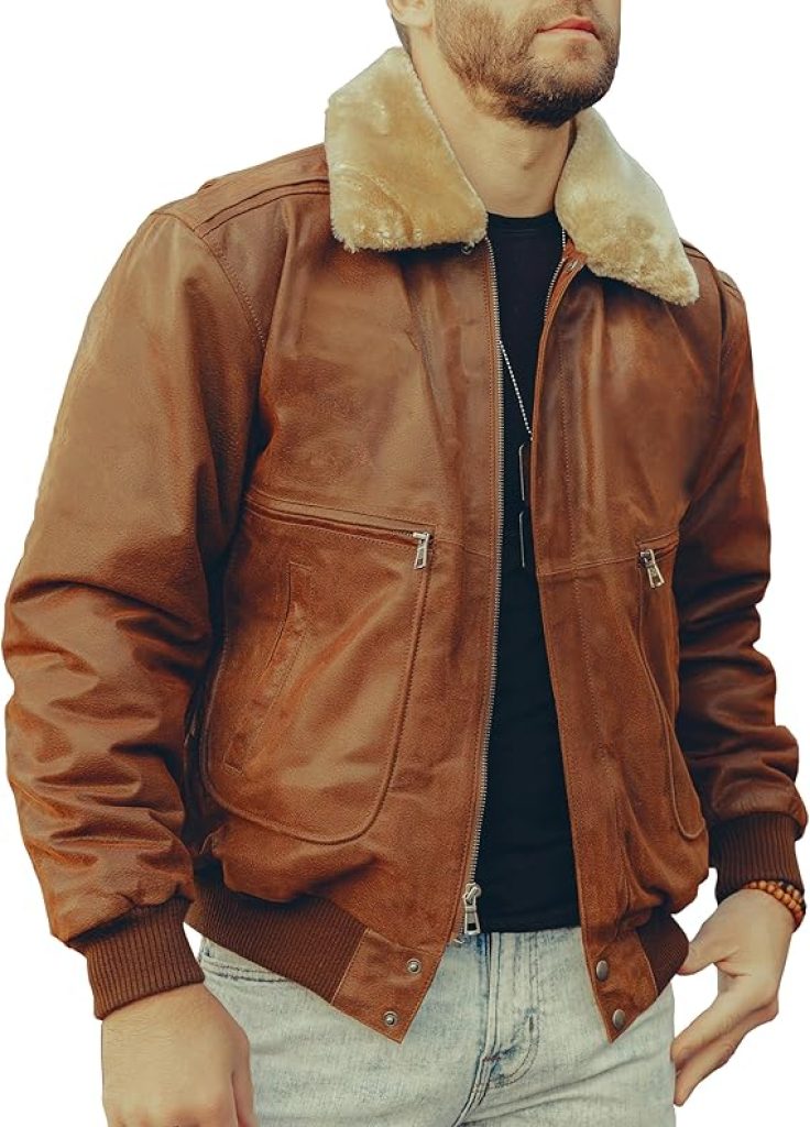 Brown Leather Bomber Jacket: FLAVOR Men's Real Leather Aviator with Removable Fur Collar
