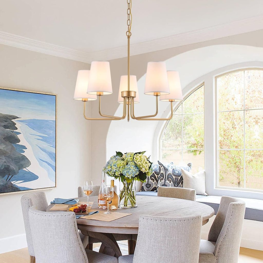 Visual Comfort: AMZASA 5-Light Farmhouse Chandelier in Muted Gold with White Fabric Shade - Ideal Linear Lighting Fixture for Kitchen and Dining Room