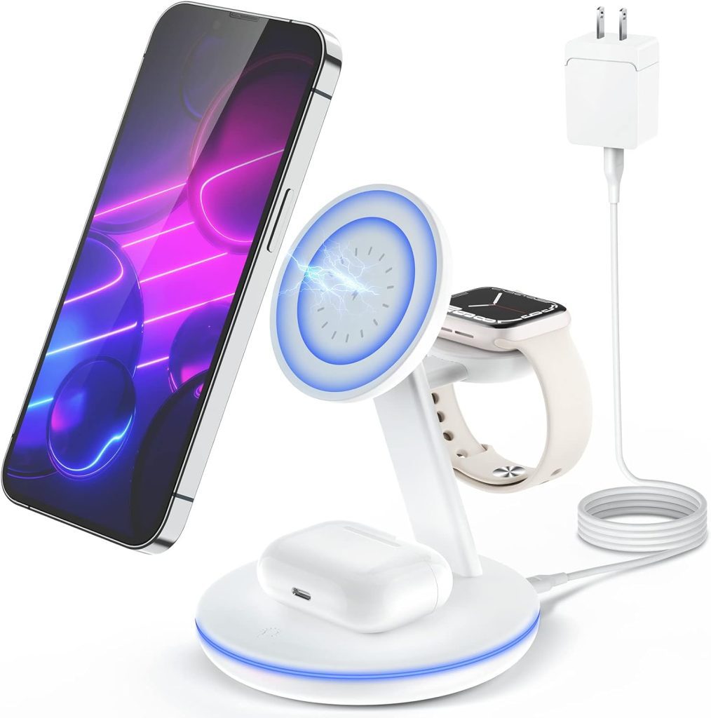 Shell Recharge Charging Station: 3-in-1 Fast Mag-Safe Charger Stand for Apple Devices - Magnetic Wireless Charger for iPhone 16, 15, 14, 13, 12 Series, Apple Watch 10-6, and AirPods Pro
