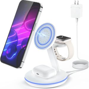 Shell Recharge Charging Station: 3-in-1 Fast Mag-Safe Charger Stand for Apple Devices – Magnetic Wireless Charger for iPhone 16, 15, 14, 13, 12 Series, Apple Watch 10-6, and AirPods Pro