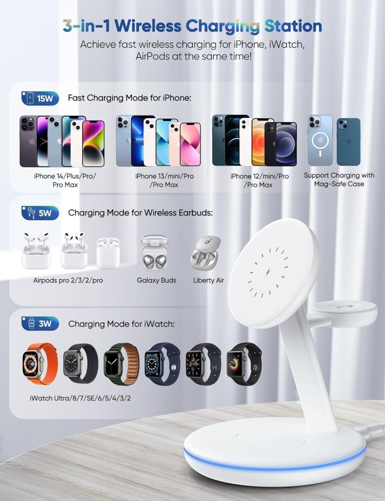 Shell Recharge Charging Station: 3-in-1 Fast Mag-Safe Charger Stand for Apple Devices - Magnetic Wireless Charger for iPhone 16, 15, 14, 13, 12 Series, Apple Watch 10-6, and AirPods Pro
