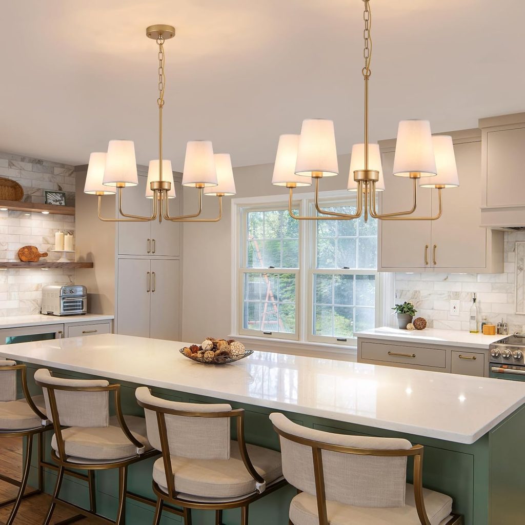 Visual Comfort: AMZASA 5-Light Farmhouse Chandelier in Muted Gold with White Fabric Shade - Ideal Linear Lighting Fixture for Kitchen and Dining Room