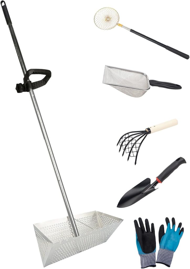 Sand Fleas Rake Set: 47-Inch Detachable Handle with Rake, Sifter, Shovels, and Gloves Included