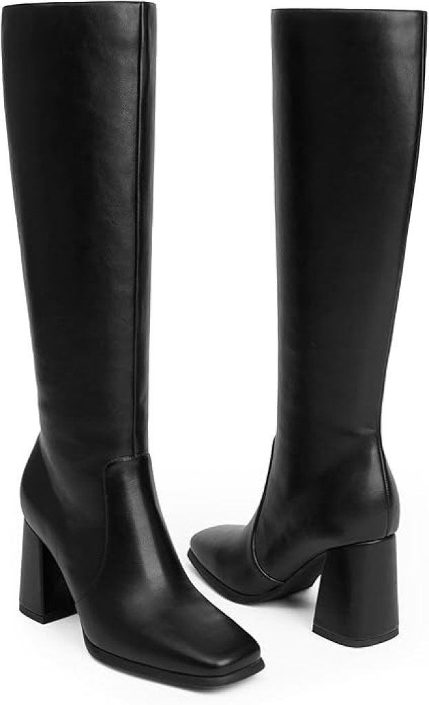 Black Boots for Women: Modatope Knee High Chunky Heel Square Toe Tall Boots with Side Zipper