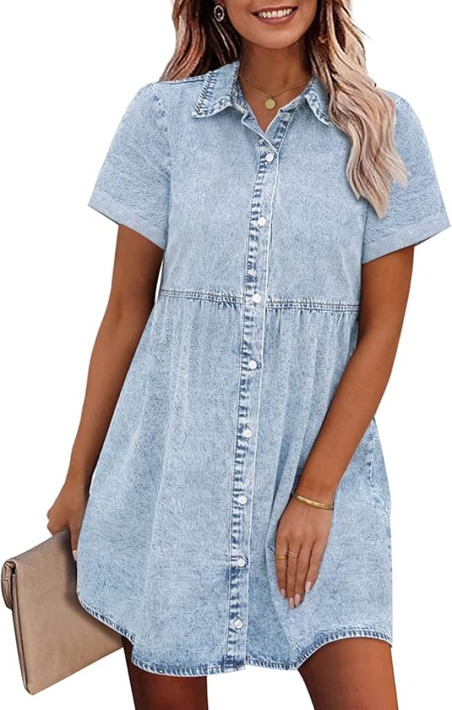 Denim Dress for Women: GRAPENT Babydoll Tiered Short Sleeve Button-Down Jean Shirt Dress
