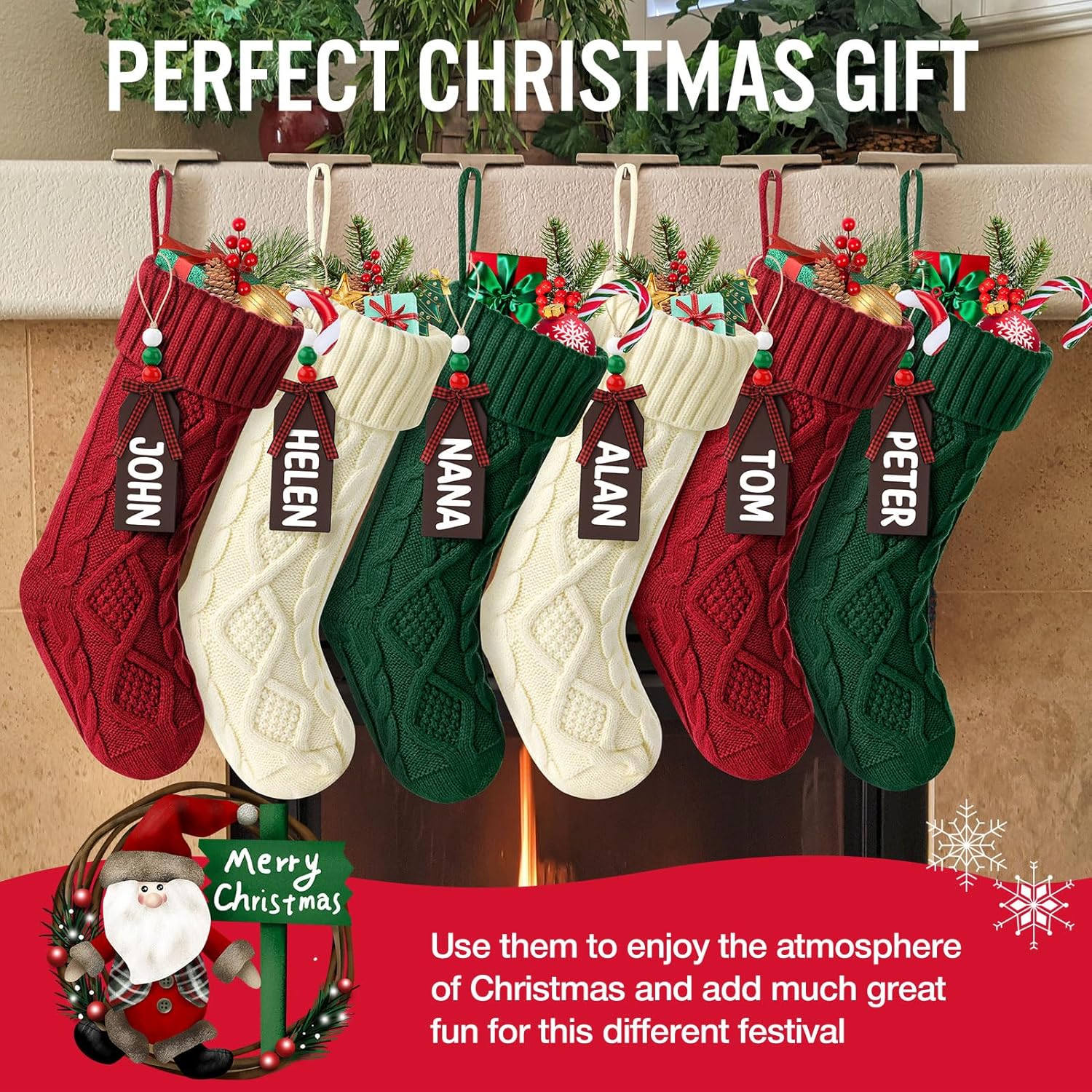 Stocking Stuffers: Hommtina Personalized Christmas Stockings, 18-Inch Large Cable Knitted Gifts (Set of 6 in White, Red, and Green) 1 Stocking Stuffers: Hommtina Personalized Christmas Stockings, 18-Inch Large Cable Knitted Gifts (Set of 6 in White, Red, and Green)