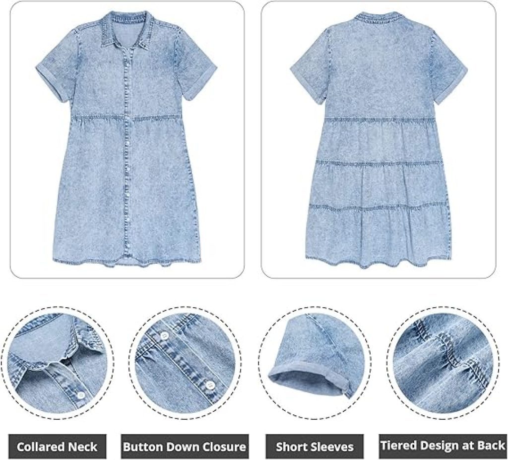 Denim Dress for Women: GRAPENT Babydoll Tiered Short Sleeve Button-Down Jean Shirt Dress