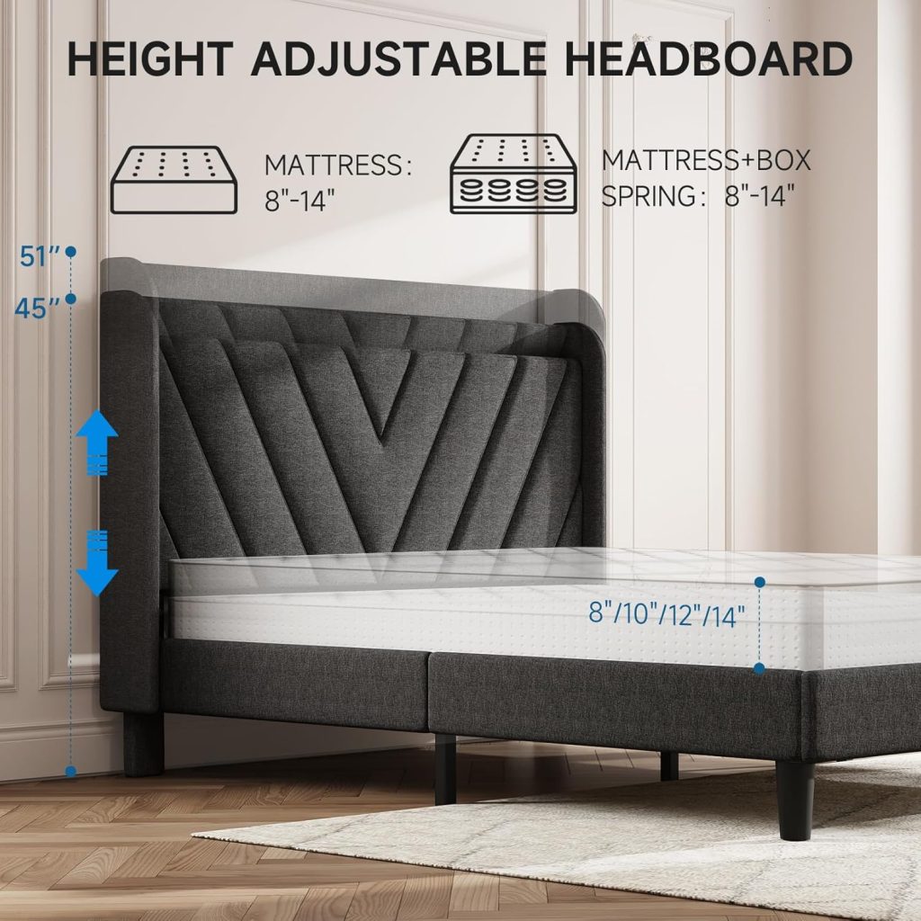 Queen Beds: Koorlian Adjustable Upholstered Bed Frame with Headboard, USB Ports, Wingback Storage, and Solid Wood Slats – No Box Spring Required, Dark Gray